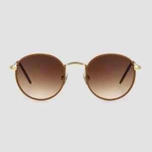 Vegan Leather Wrapped Round Sunglasses in Caramel/Gold